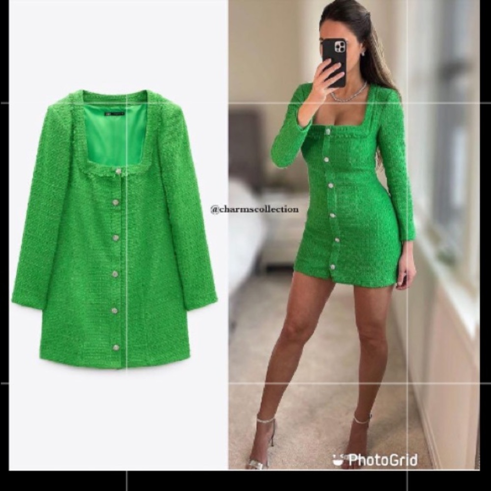 NWT Zara Blogger Fav Textured Weave Tweed Bright Green Long Sleeve Dress